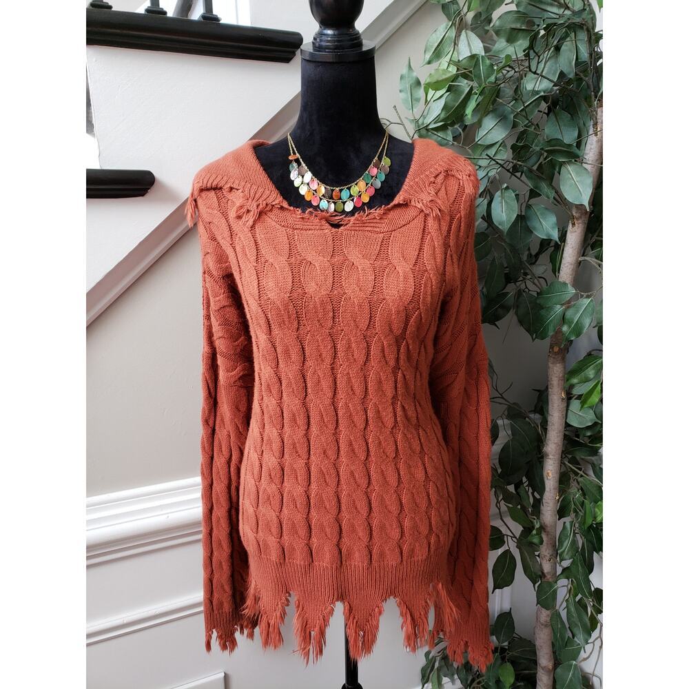 Cato Established 1946 Sweater Womens XL Brown Destructed Hooded Fringed Pullover